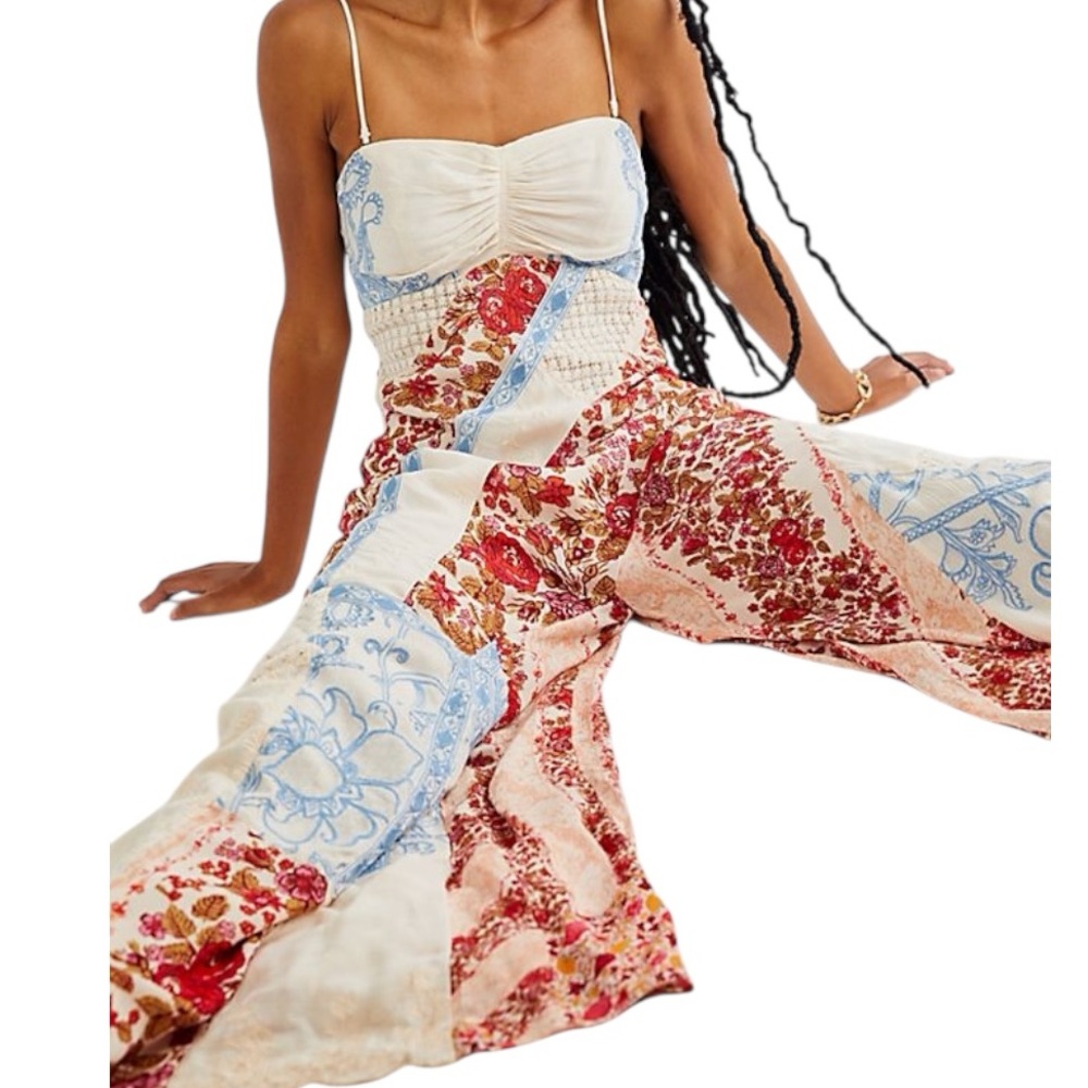 New Free People Gianna 0 / XS Blue Patchwork Floral Wide Leg Pieced Jumpsuit